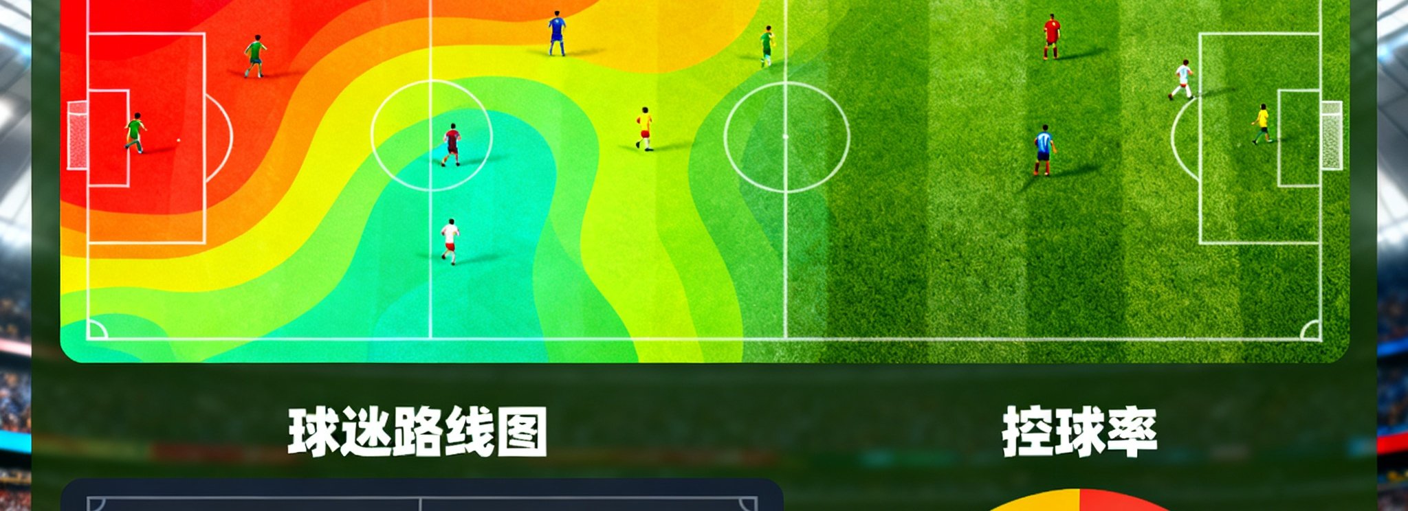 世界杯数据仪表盘，包含球员射门热力图、传球路线、球队控球率饼图，色彩鲜明